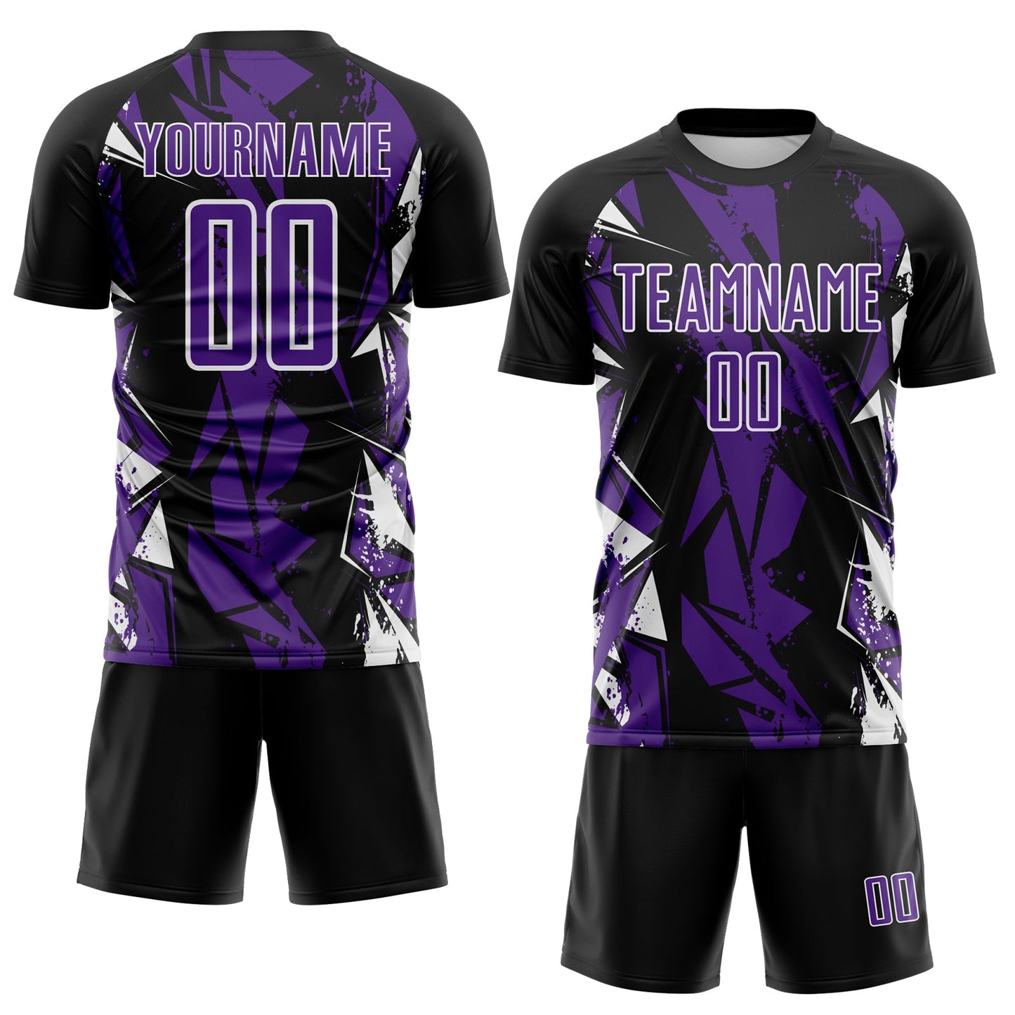 Custom Black Purple-White Geometric Shard Grunge Splash Sublimation Soccer Uniform Jersey view 2