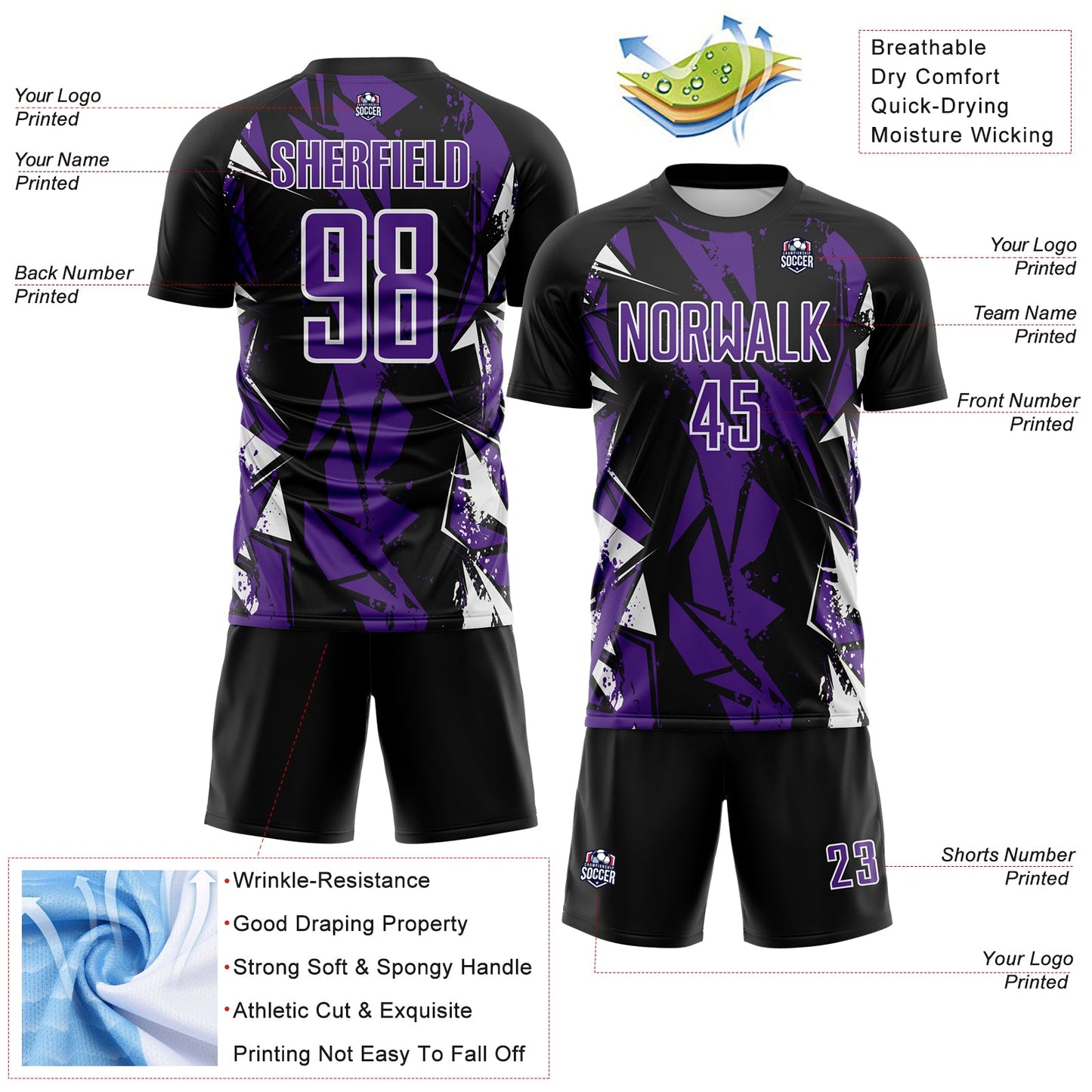 Custom Black Purple-White Geometric Shard Grunge Splash Sublimation Soccer Uniform Jersey view 4