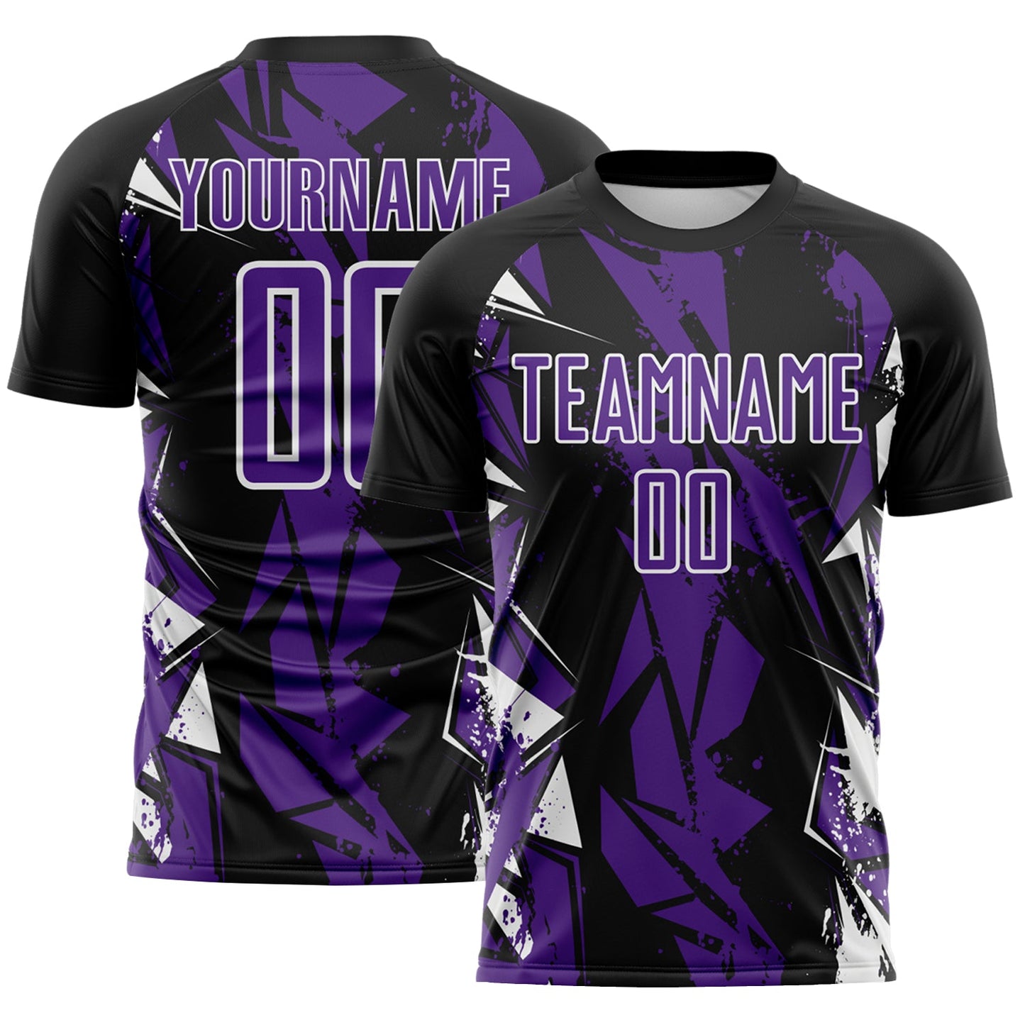 Custom Black Purple-White Geometric Shard Grunge Splash Sublimation Soccer Uniform Jersey - Main View