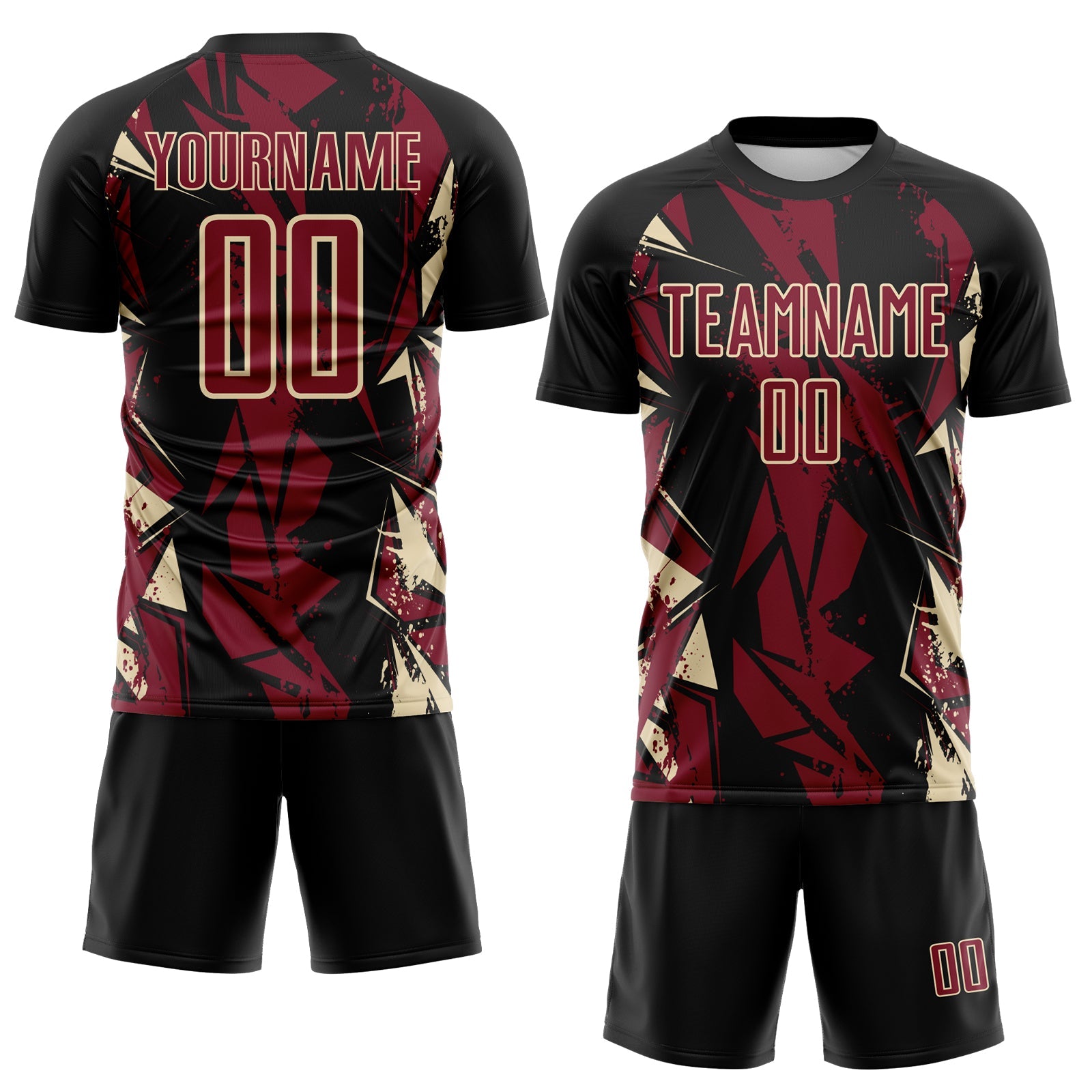 Custom Black Crimson-Cream Geometric Shard Grunge Splash Sublimation Soccer Uniform Jersey view 2