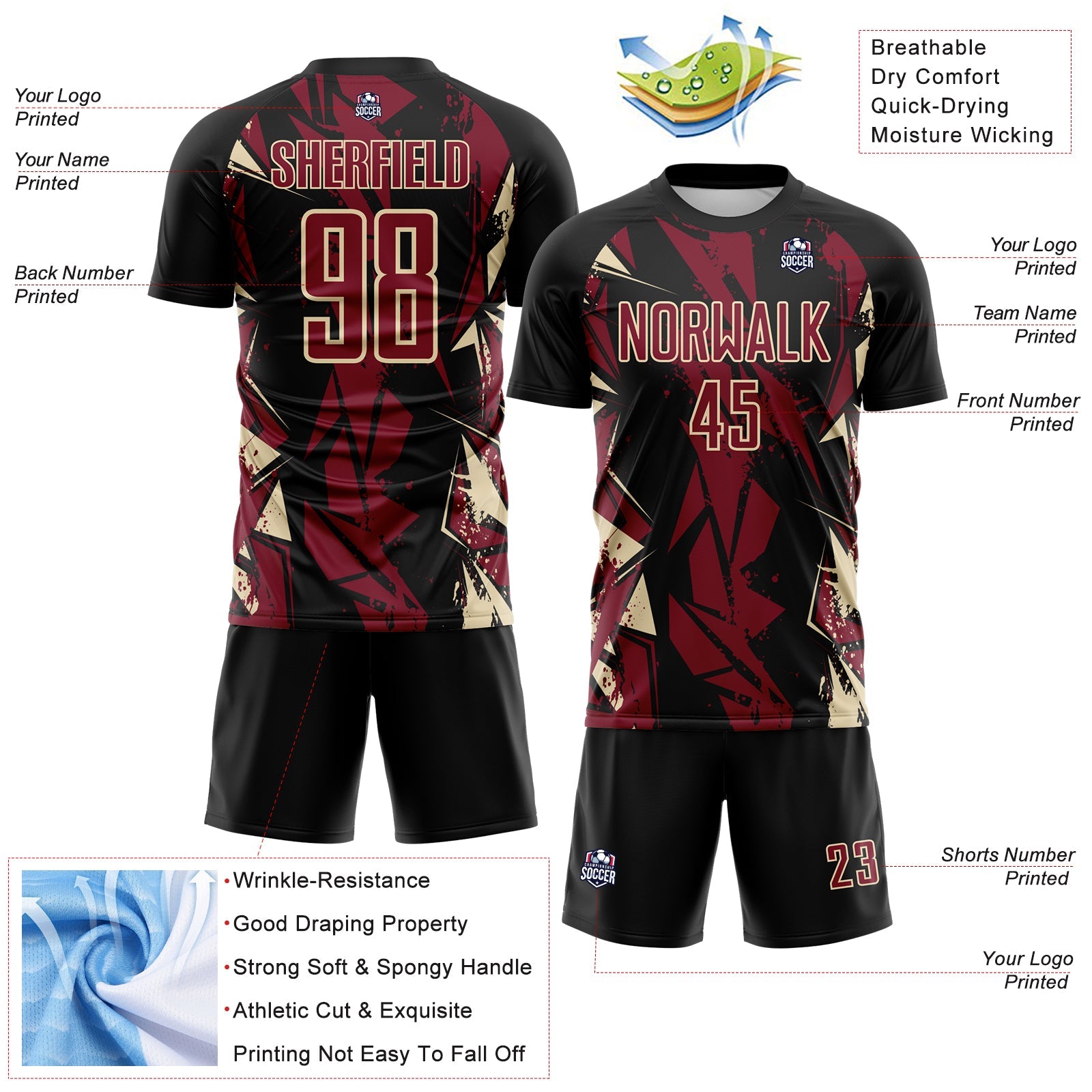 Custom Black Crimson-Cream Geometric Shard Grunge Splash Sublimation Soccer Uniform Jersey view 4