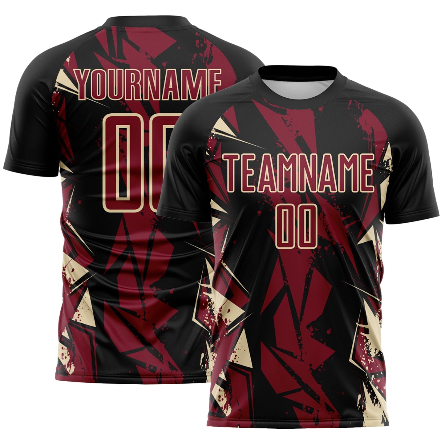 Custom Black Crimson-Cream Geometric Shard Grunge Splash Sublimation Soccer Uniform Jersey - Main View