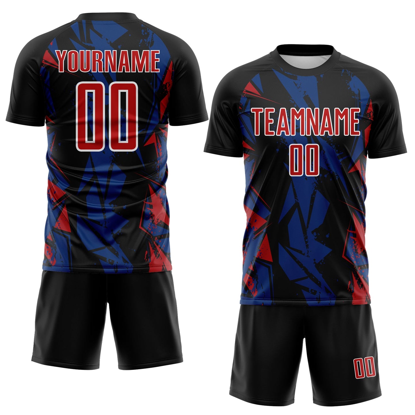 Custom Black Red Royal-White Geometric Shard Grunge Splash Sublimation Soccer Uniform Jersey view 2