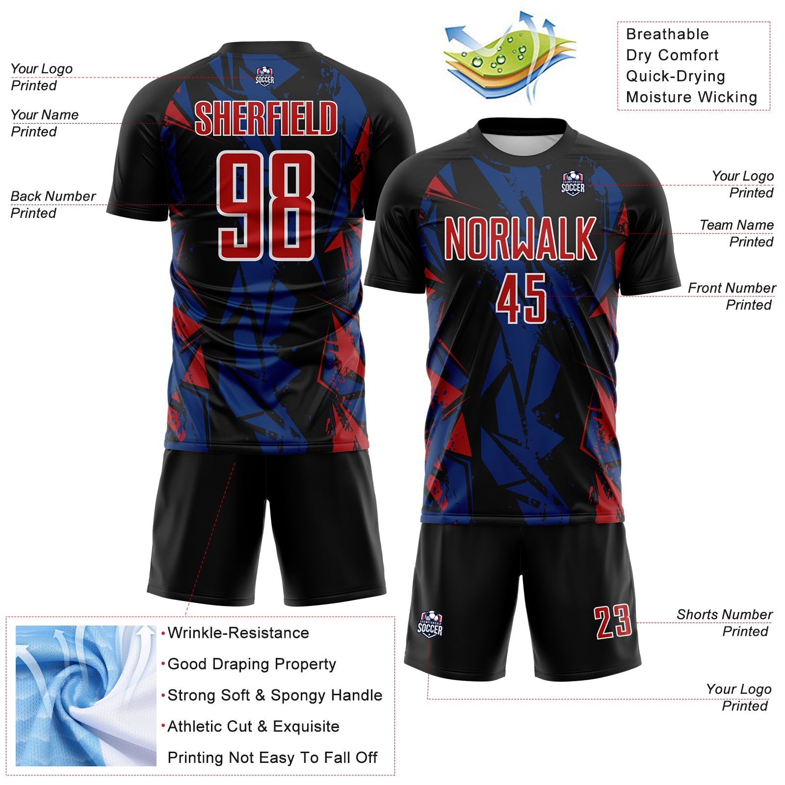 Custom Black Red Royal-White Geometric Shard Grunge Splash Sublimation Soccer Uniform Jersey view 4