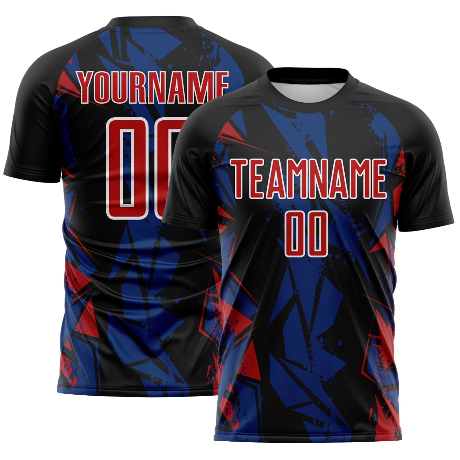 Custom Black Red Royal-White Geometric Shard Grunge Splash Sublimation Soccer Uniform Jersey - Main View