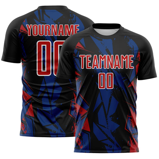 Custom Black Red Royal-White Geometric Shard Grunge Splash Sublimation Soccer Uniform Jersey - Main View