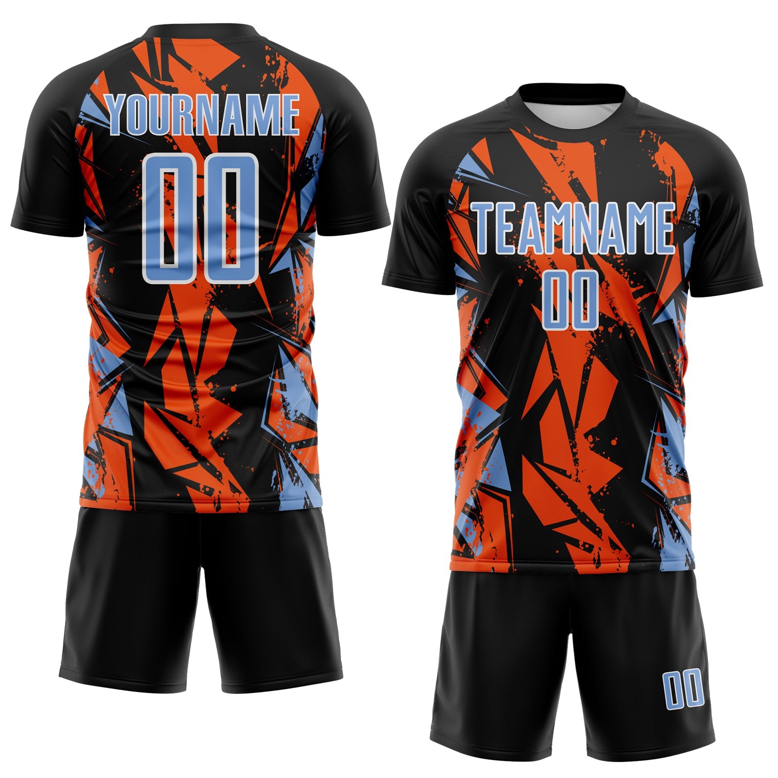 Custom Black Light Blue Orange-White Geometric Shard Grunge Splash Sublimation Soccer Uniform Jersey view 2