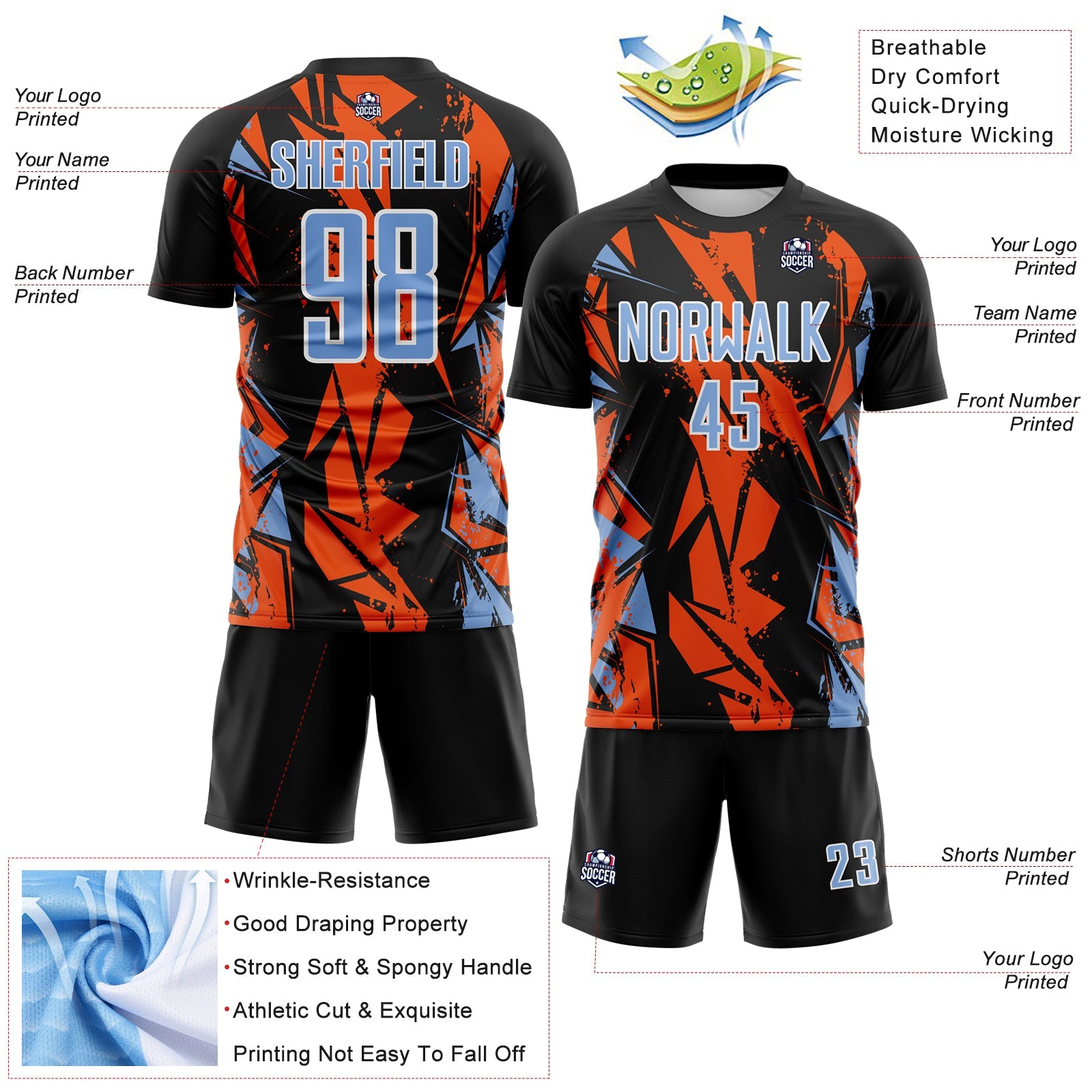 Custom Black Light Blue Orange-White Geometric Shard Grunge Splash Sublimation Soccer Uniform Jersey view 4
