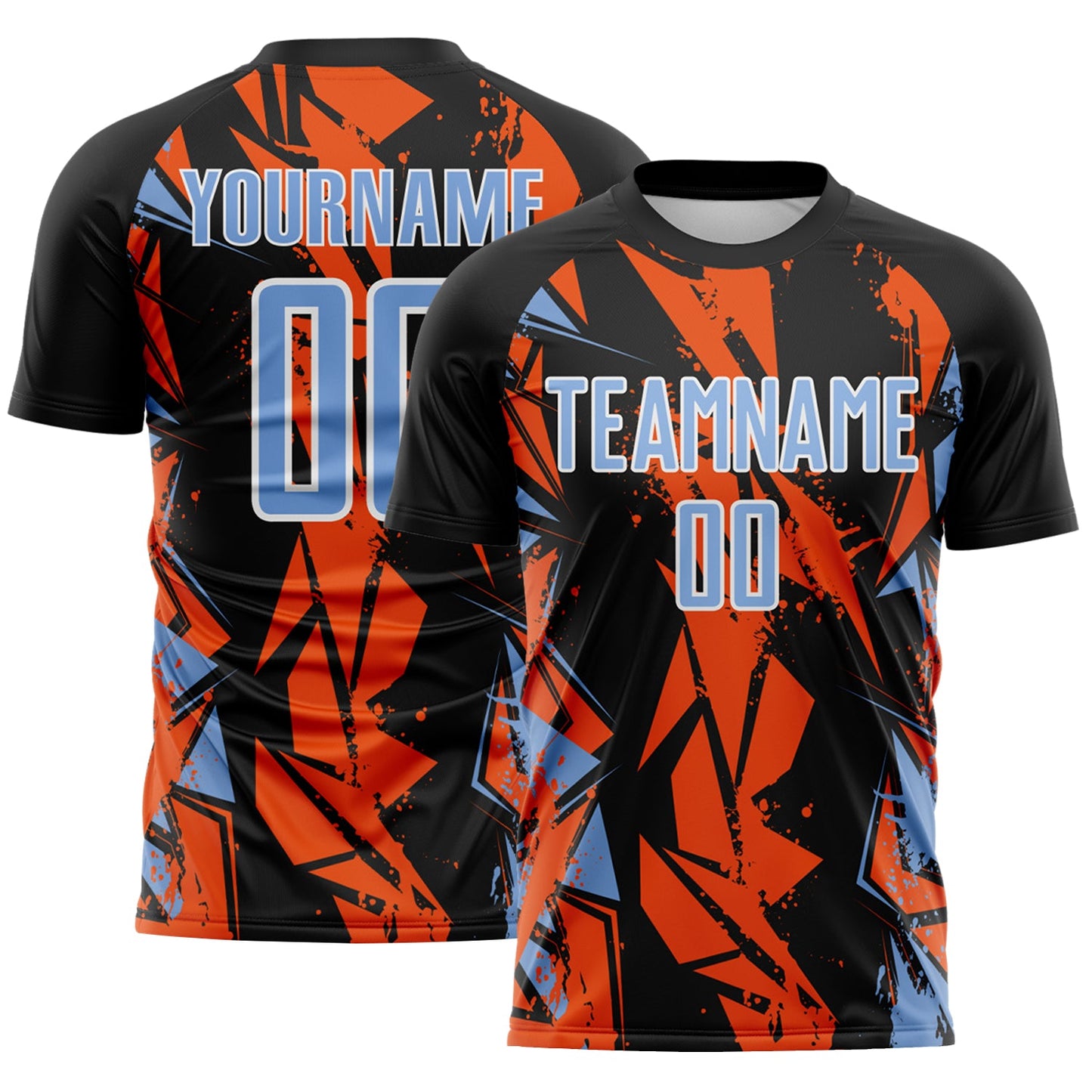 Custom Black Light Blue Orange-White Geometric Shard Grunge Splash Sublimation Soccer Uniform Jersey - Main View