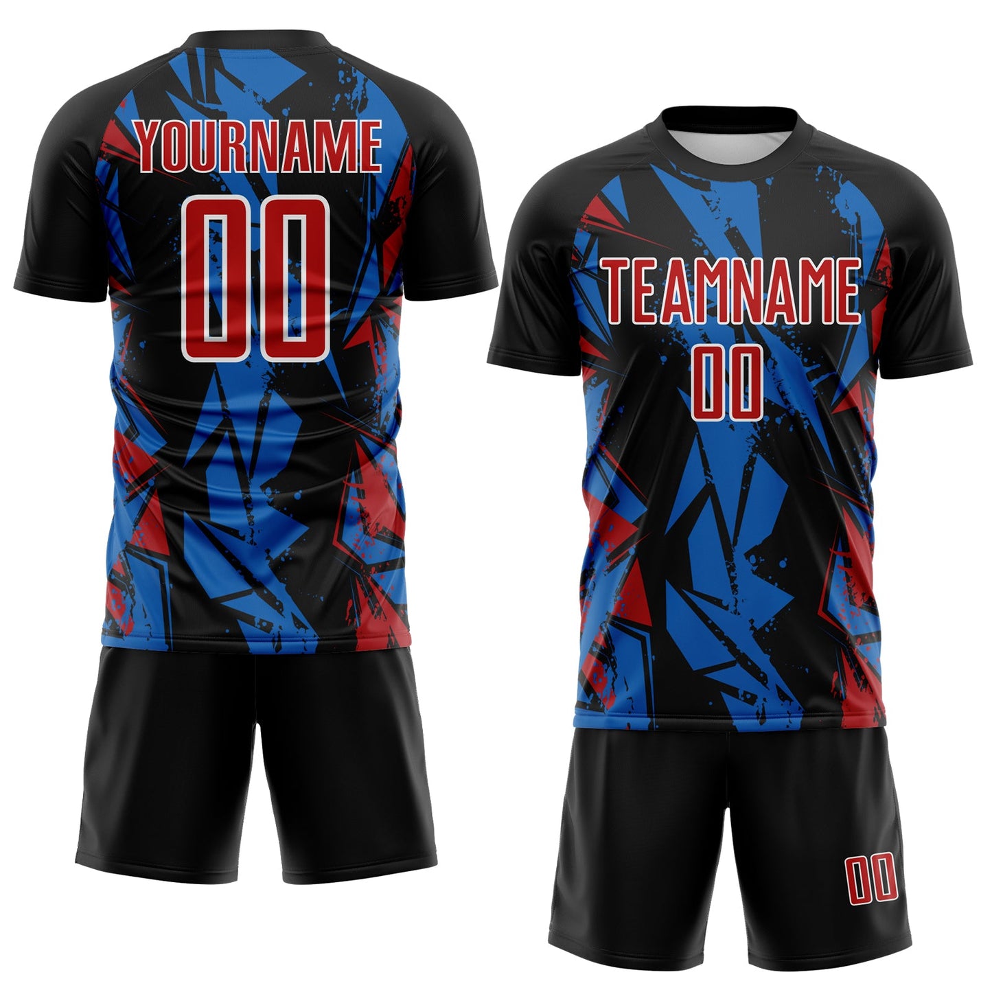 Custom Black Red Blue-White Geometric Shard Grunge Splash Sublimation Soccer Uniform Jersey view 2