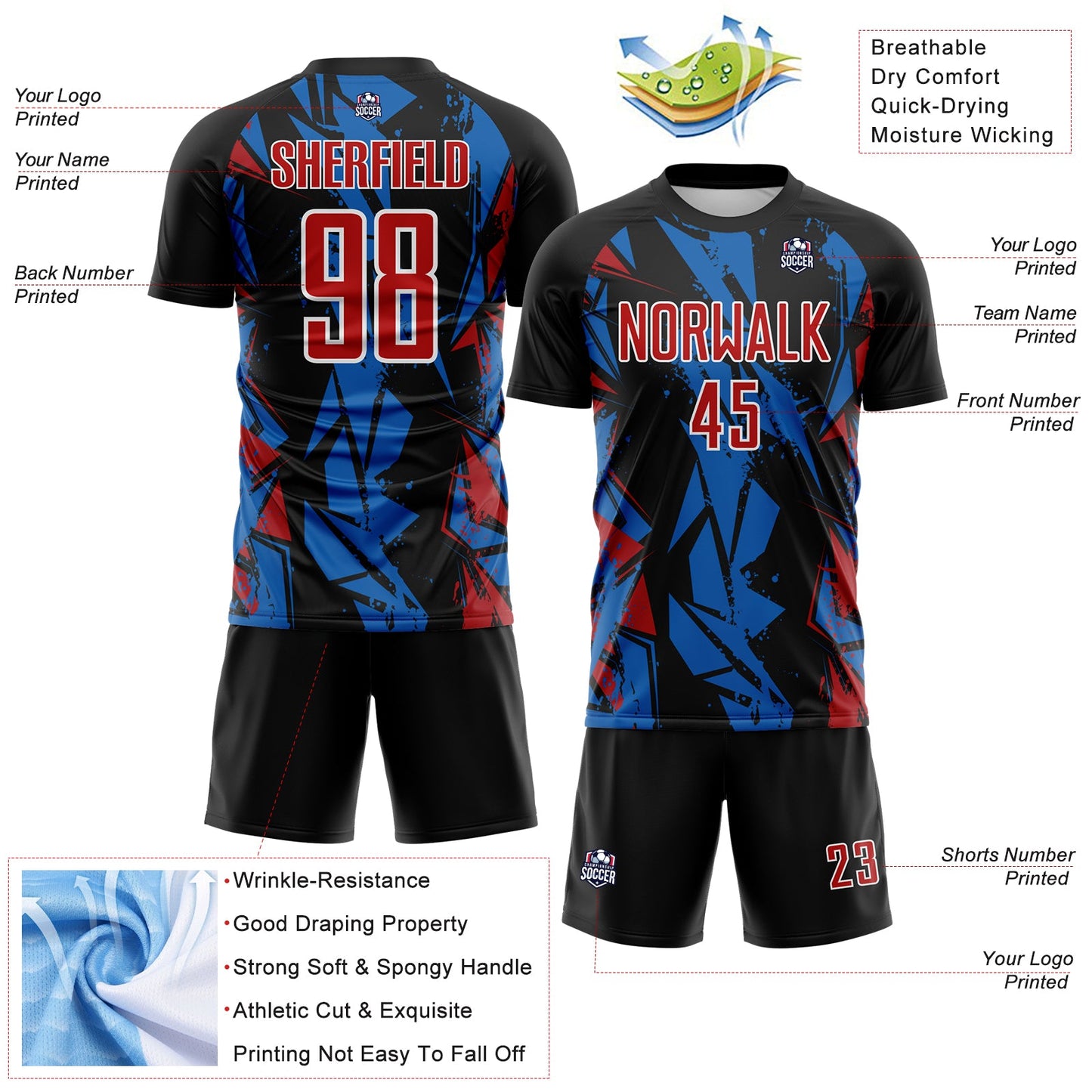Custom Black Red Blue-White Geometric Shard Grunge Splash Sublimation Soccer Uniform Jersey view 4