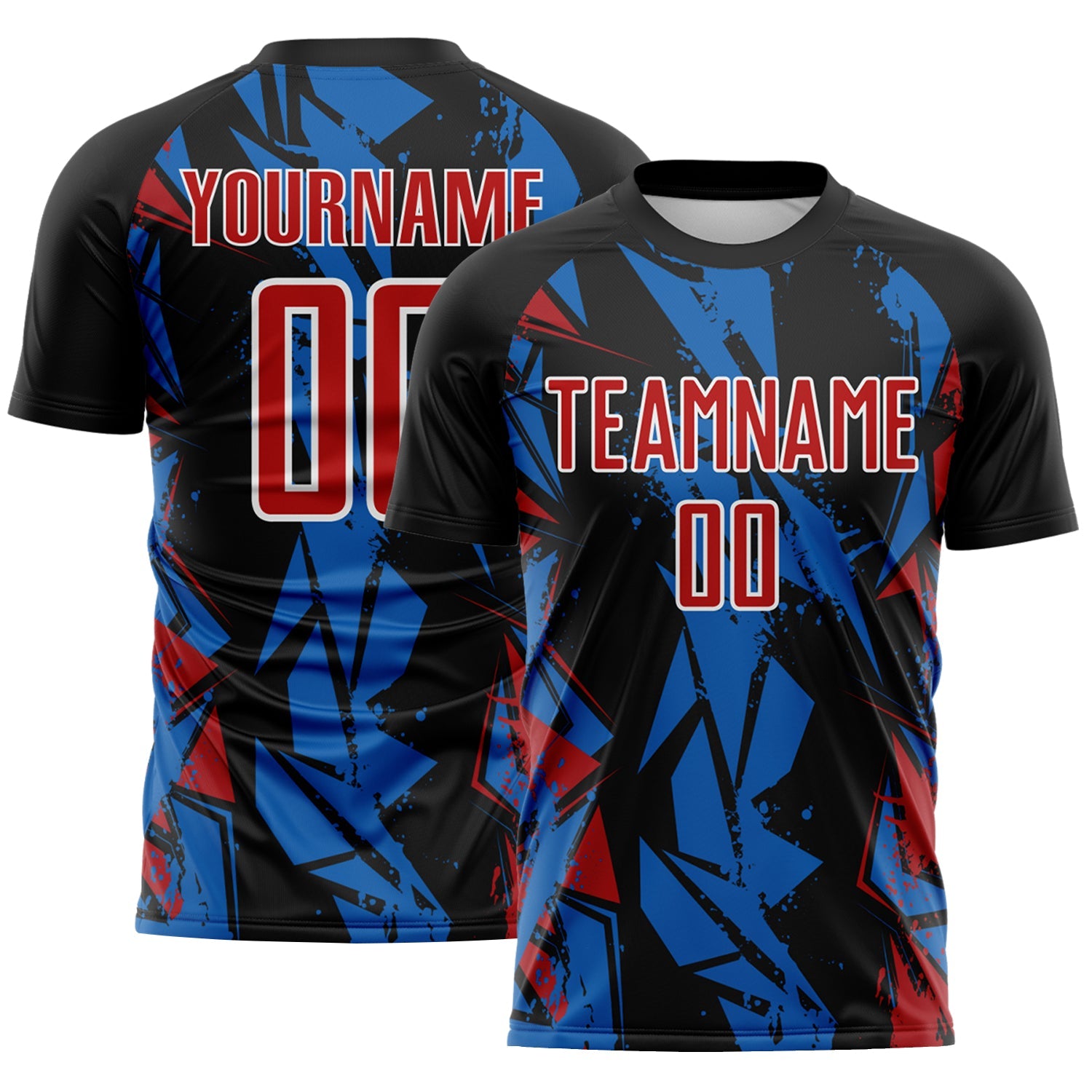 Custom Black Red Blue-White Geometric Shard Grunge Splash Sublimation Soccer Uniform Jersey - Main View