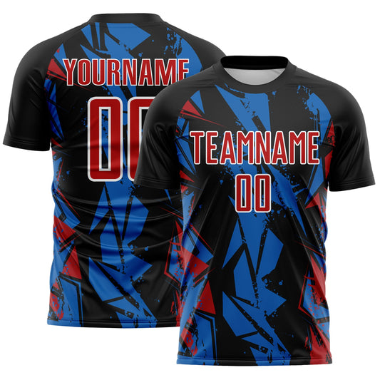 Custom Black Red Blue-White Geometric Shard Grunge Splash Sublimation Soccer Uniform Jersey - Main View
