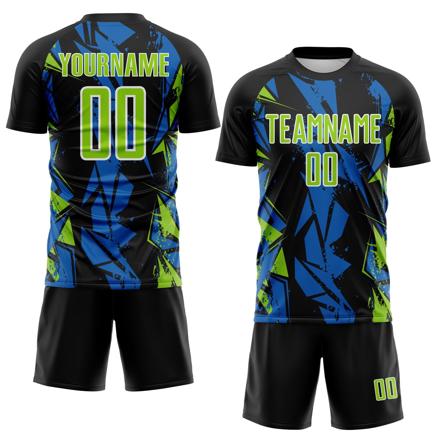 Custom Black Neon Green Blue-White Geometric Shard Grunge Splash Sublimation Soccer Uniform Jersey view 2