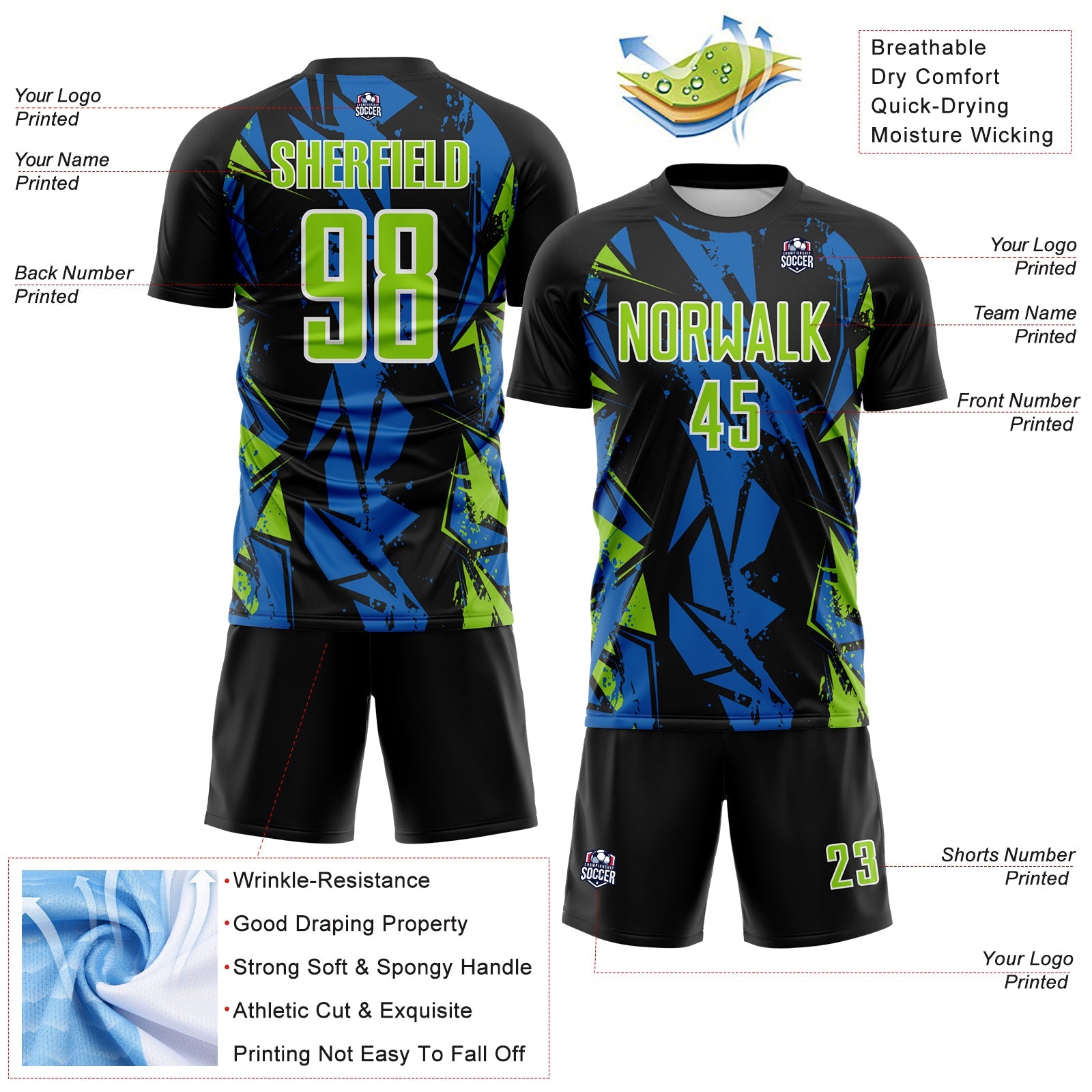 Custom Black Neon Green Blue-White Geometric Shard Grunge Splash Sublimation Soccer Uniform Jersey view 4