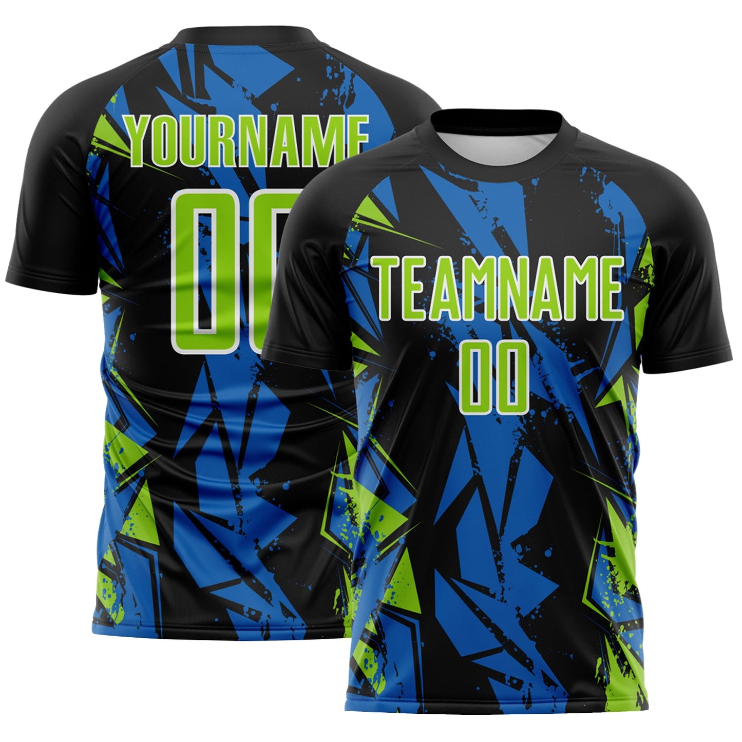 Custom Black Neon Green Blue-White Geometric Shard Grunge Splash Sublimation Soccer Uniform Jersey - Main View