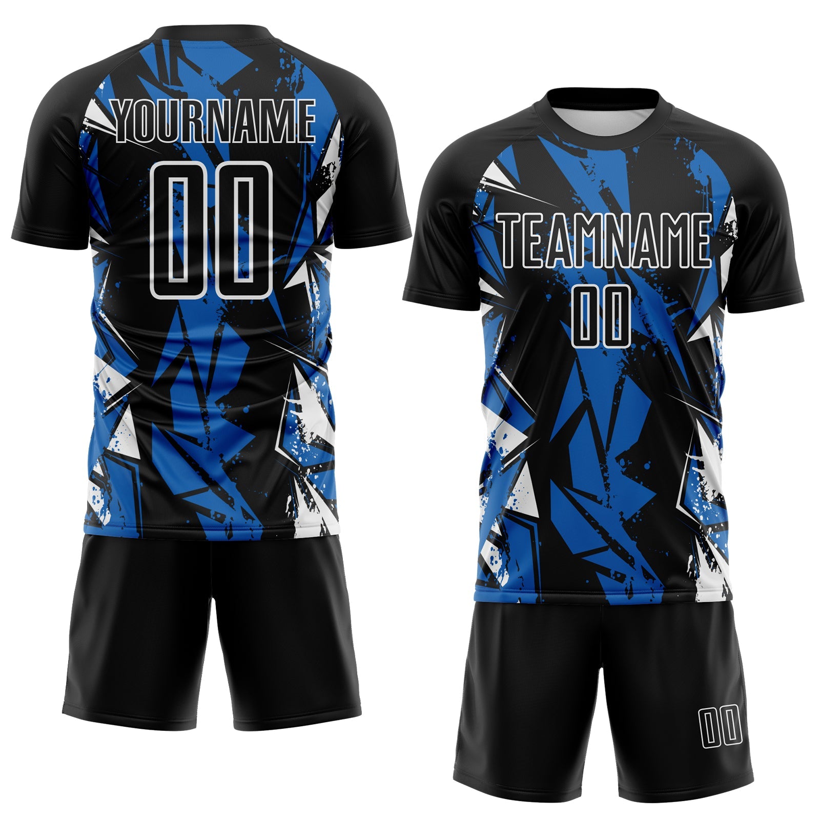 Custom Black Blue-White Geometric Shard Grunge Splash Sublimation Soccer Uniform Jersey view 2