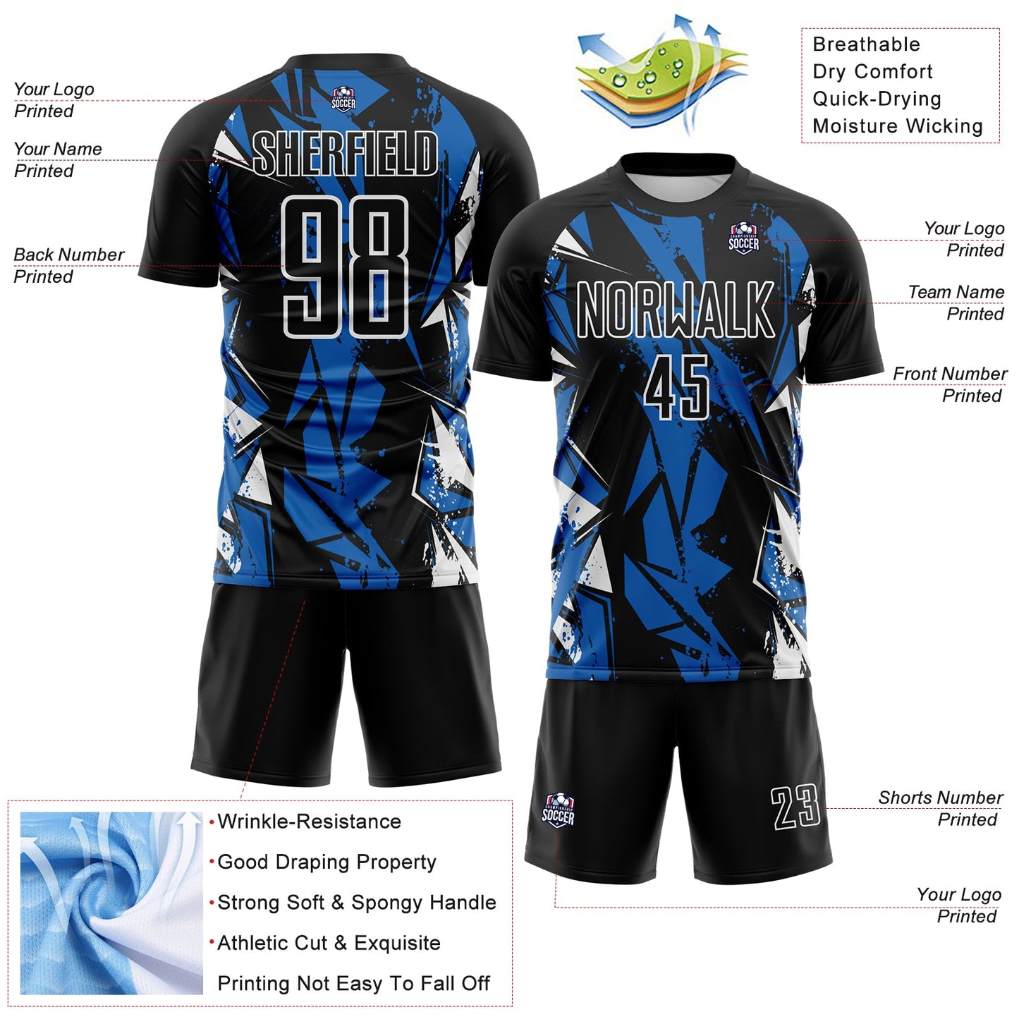 Custom Black Blue-White Geometric Shard Grunge Splash Sublimation Soccer Uniform Jersey view 4