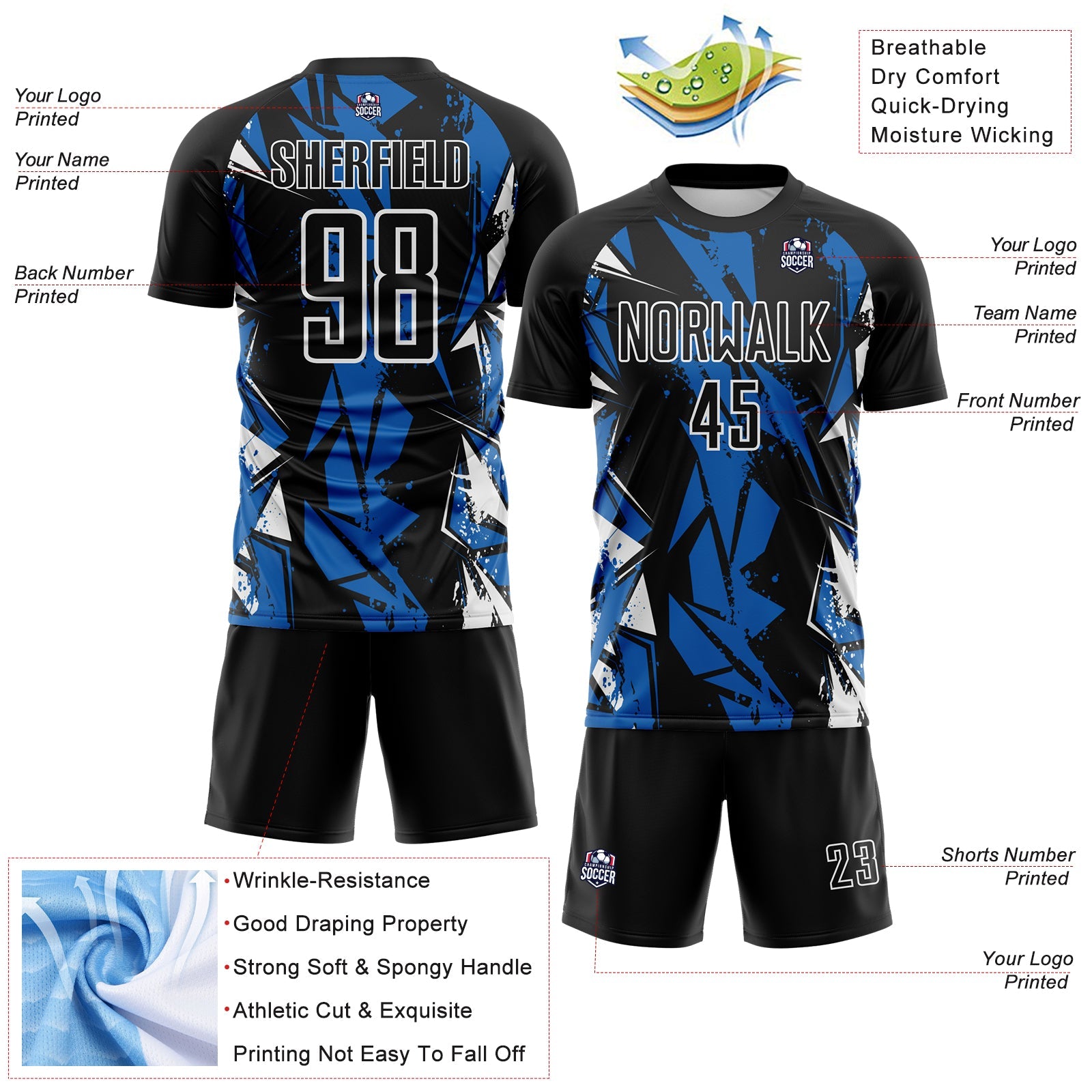 Custom Black Blue-White Geometric Shard Grunge Splash Sublimation Soccer Uniform Jersey view 4
