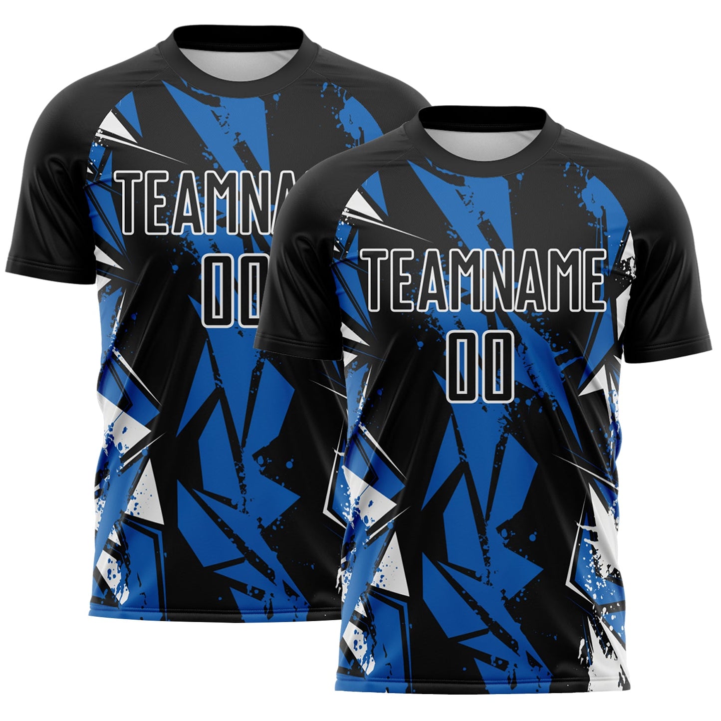 Custom Black Blue-White Geometric Shard Grunge Splash Sublimation Soccer Uniform Jersey - Main View