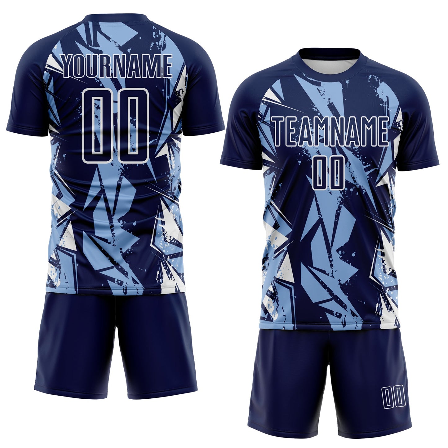 Custom Navy Light Blue-White Geometric Shard Grunge Splash Sublimation Soccer Uniform Jersey view 2