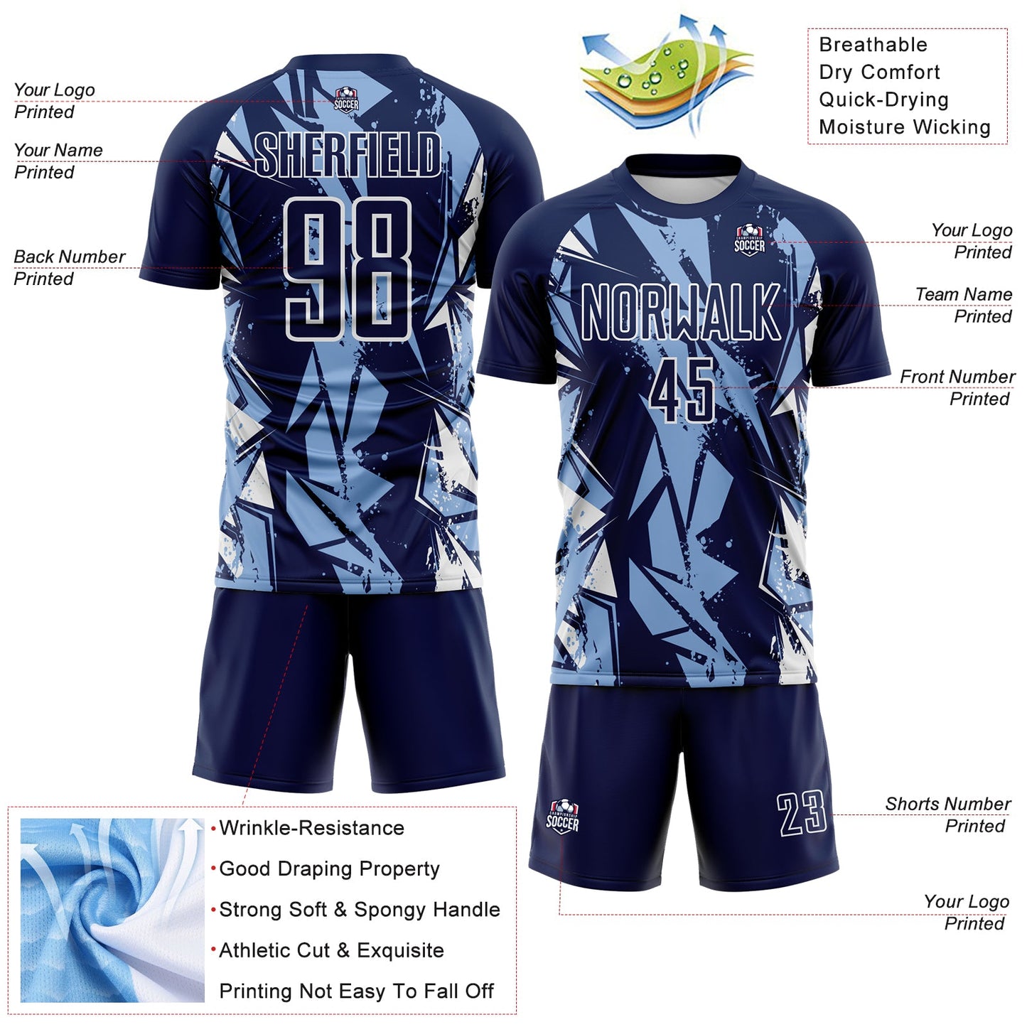 Custom Navy Light Blue-White Geometric Shard Grunge Splash Sublimation Soccer Uniform Jersey view 4