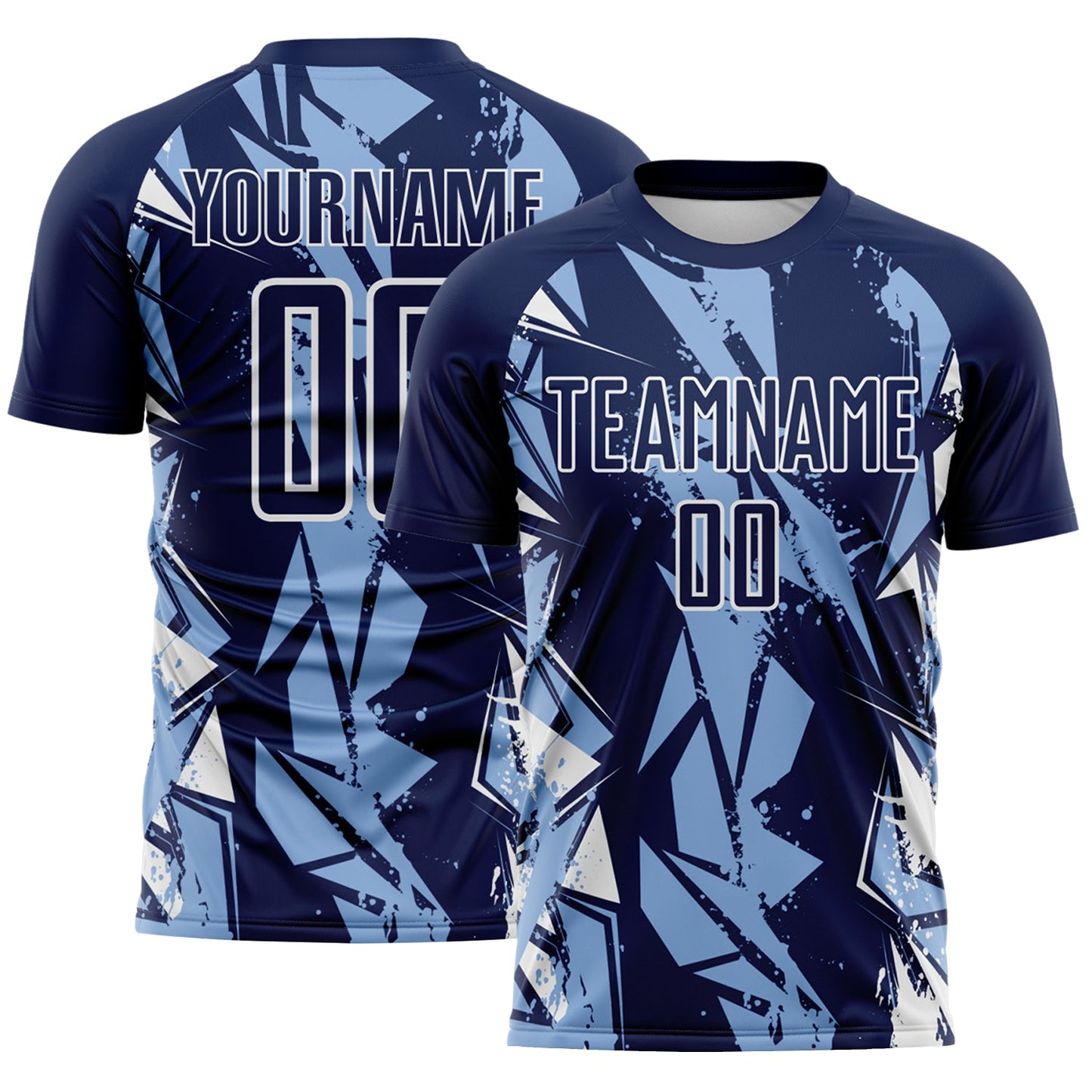Custom Navy Light Blue-White Geometric Shard Grunge Splash Sublimation Soccer Uniform Jersey - Main View