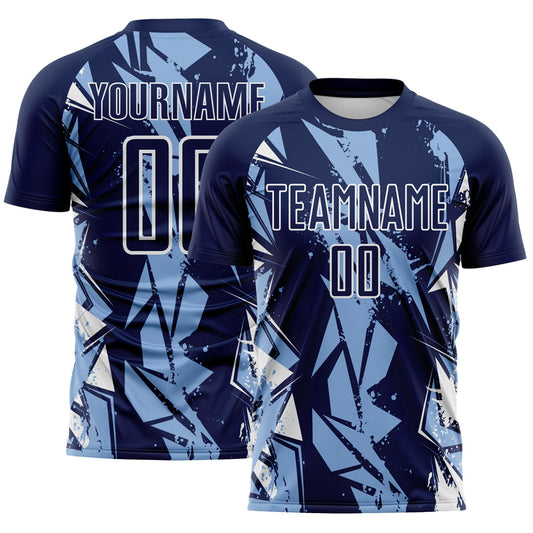 Custom Navy Light Blue-White Geometric Shard Grunge Splash Sublimation Soccer Uniform Jersey - Main View