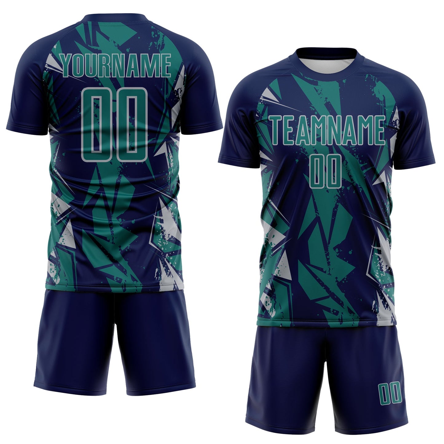 Custom Navy Teal-Gray Geometric Shard Grunge Splash Sublimation Soccer Uniform Jersey view 2
