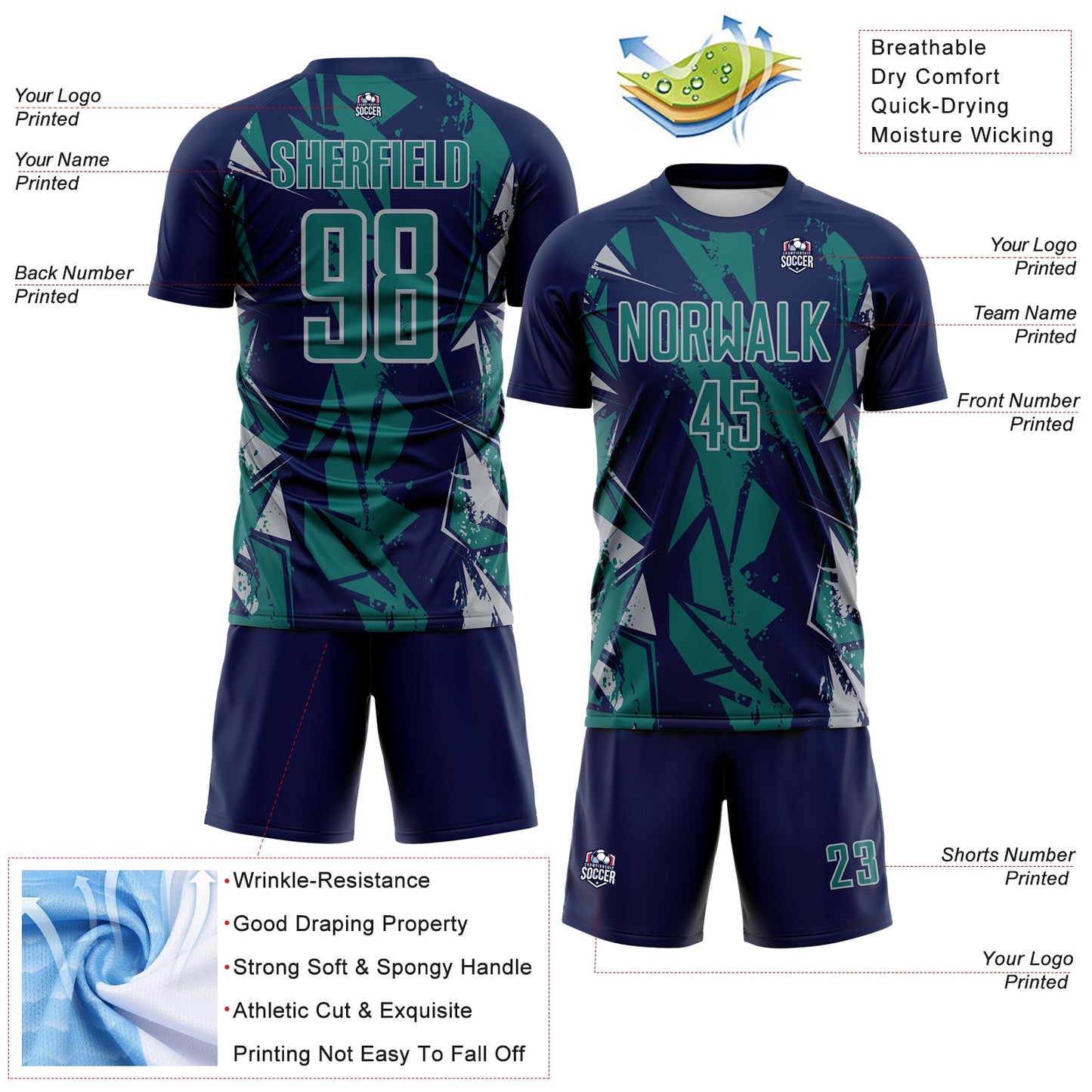 Custom Navy Teal-Gray Geometric Shard Grunge Splash Sublimation Soccer Uniform Jersey view 4