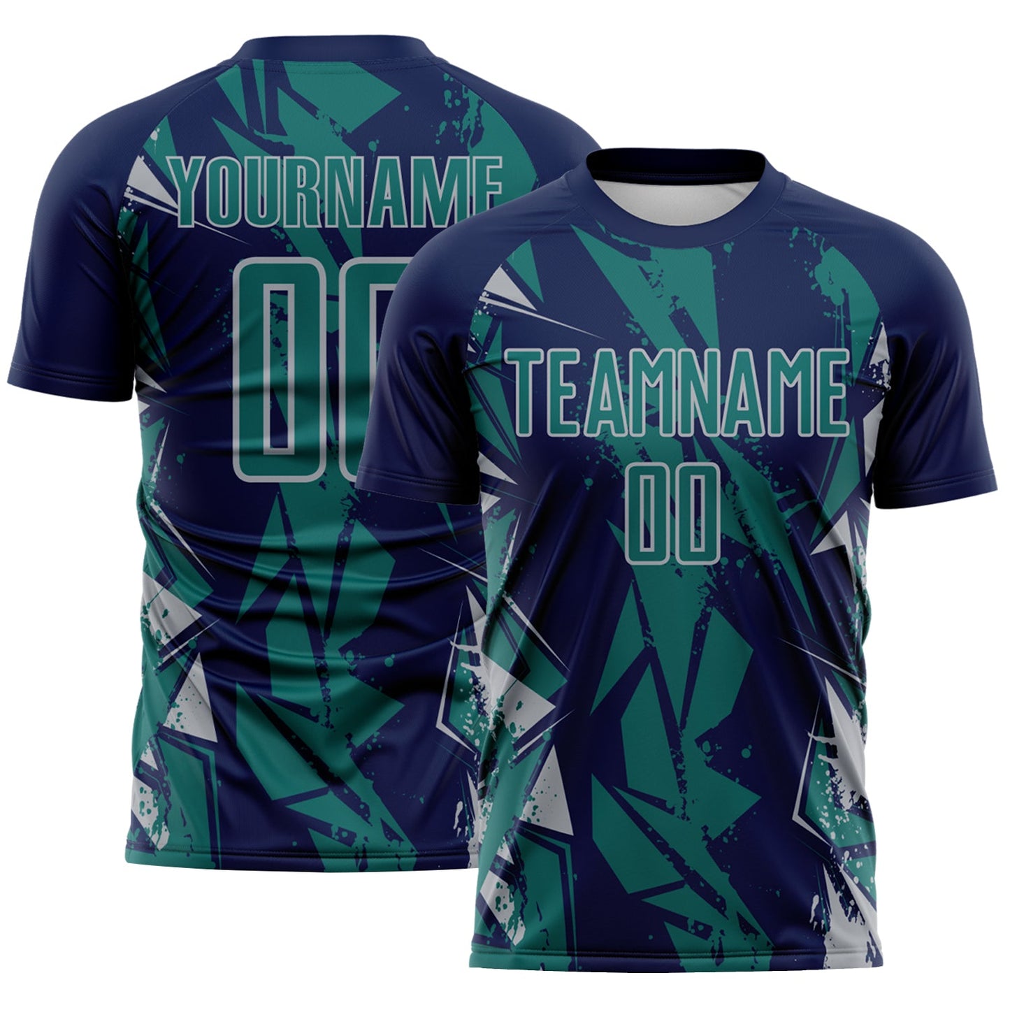 Custom Navy Teal-Gray Geometric Shard Grunge Splash Sublimation Soccer Uniform Jersey - Main View