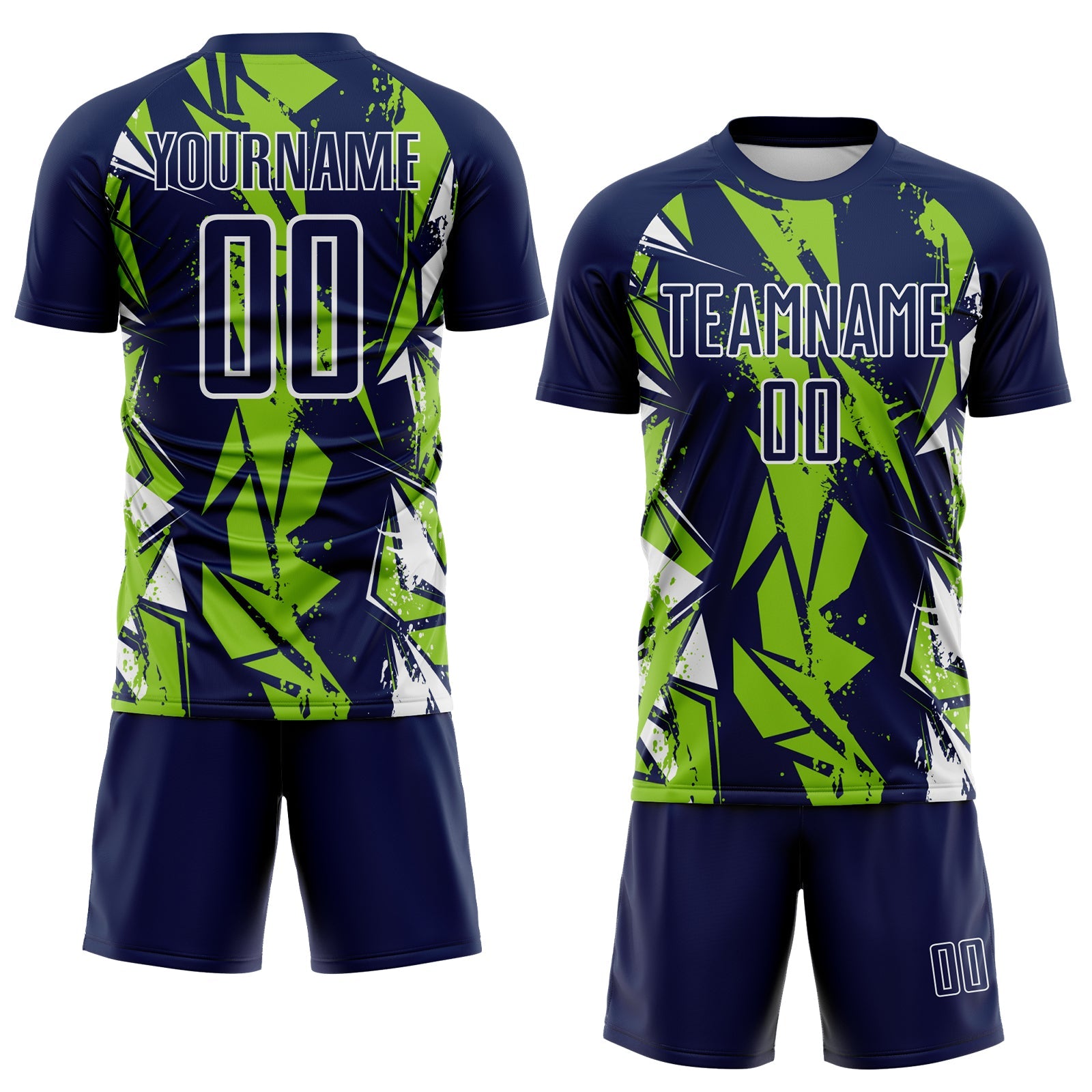 Custom Navy Neon Green-White Geometric Shard Grunge Splash Sublimation Soccer Uniform Jersey view 2