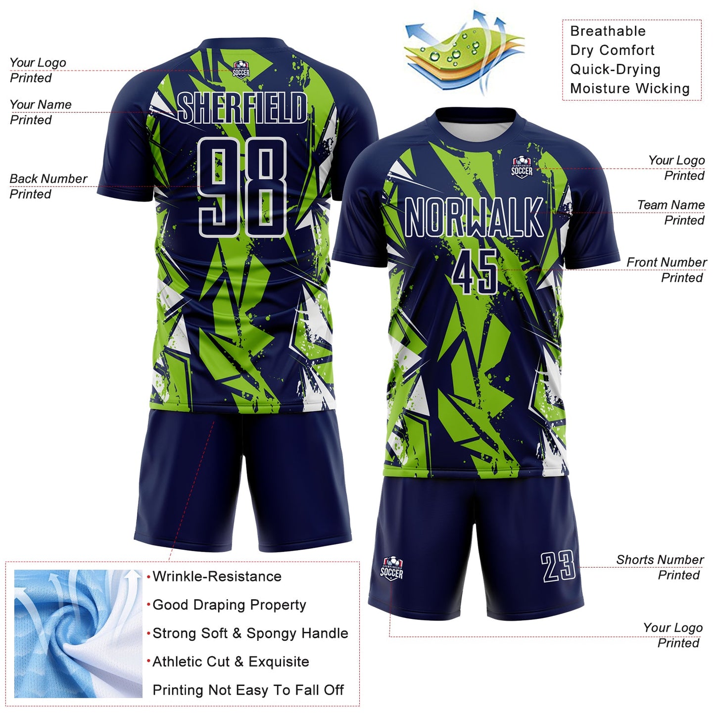 Custom Navy Neon Green-White Geometric Shard Grunge Splash Sublimation Soccer Uniform Jersey view 4