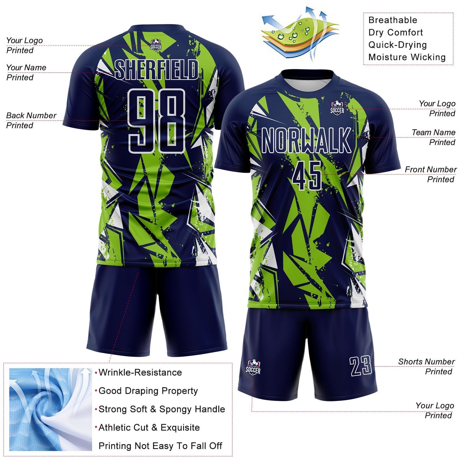 Custom Navy Neon Green-White Geometric Shard Grunge Splash Sublimation Soccer Uniform Jersey view 4