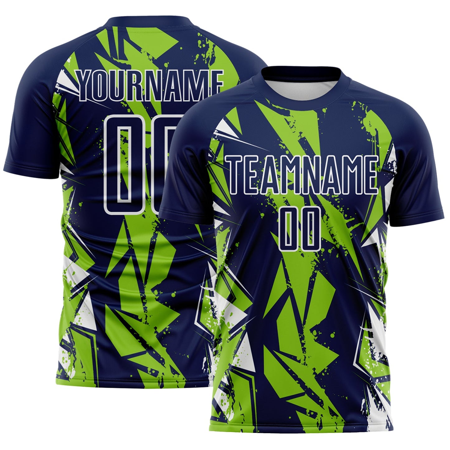 Custom Navy Neon Green-White Geometric Shard Grunge Splash Sublimation Soccer Uniform Jersey - Main View