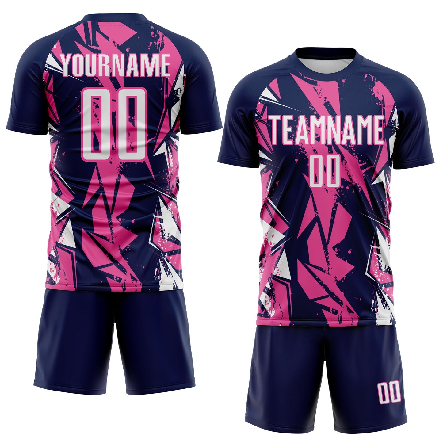Custom Navy White-Pink Geometric Shard Grunge Splash Sublimation Soccer Uniform Jersey view 2