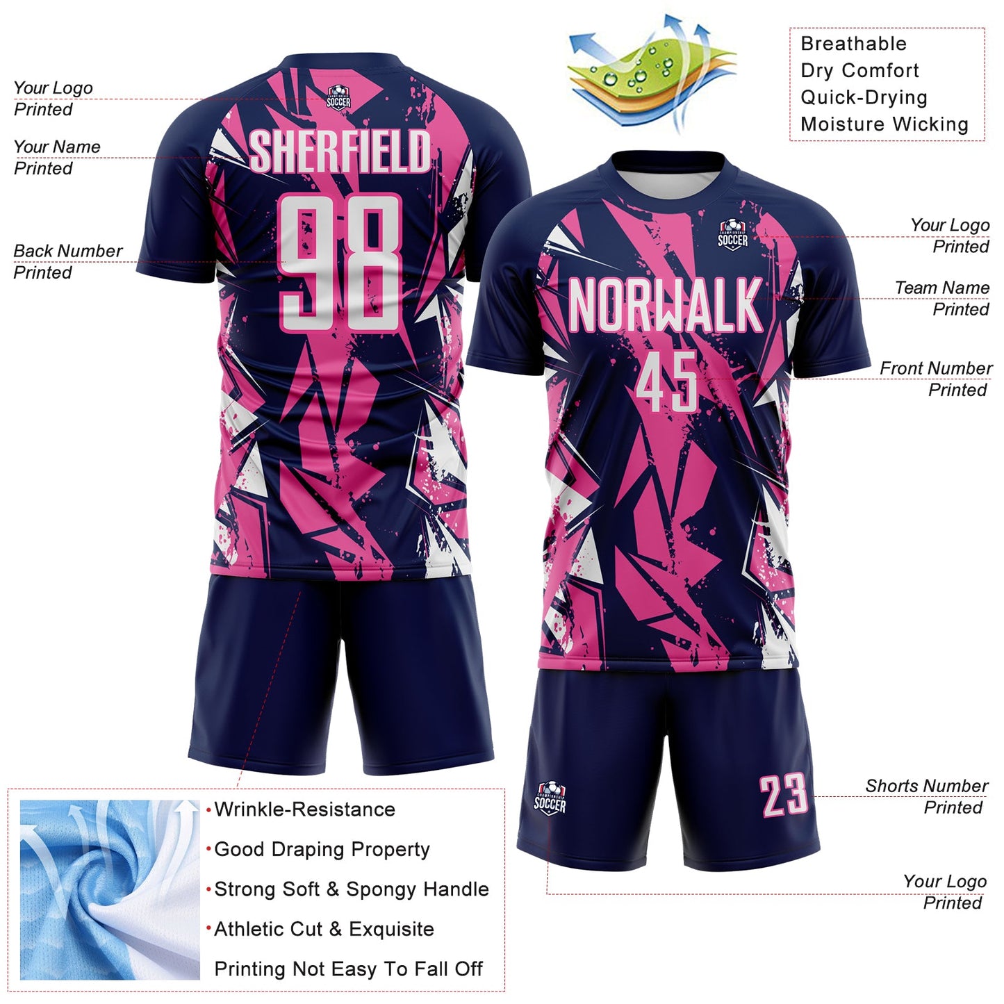 Custom Navy White-Pink Geometric Shard Grunge Splash Sublimation Soccer Uniform Jersey view 4