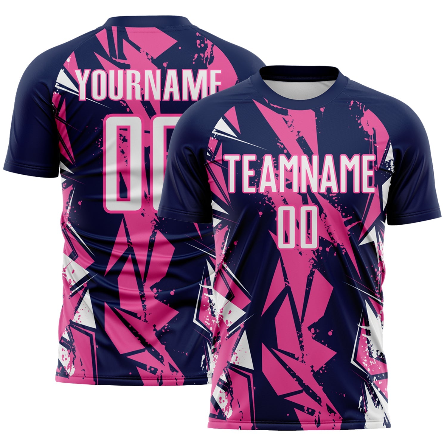 Custom Navy White-Pink Geometric Shard Grunge Splash Sublimation Soccer Uniform Jersey - Main View