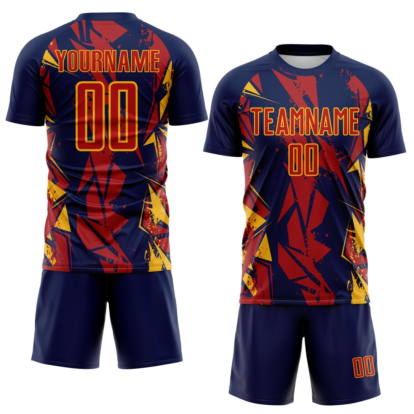 Custom Navy Red-Gold Geometric Shard Grunge Splash Sublimation Soccer Uniform Jersey view 2