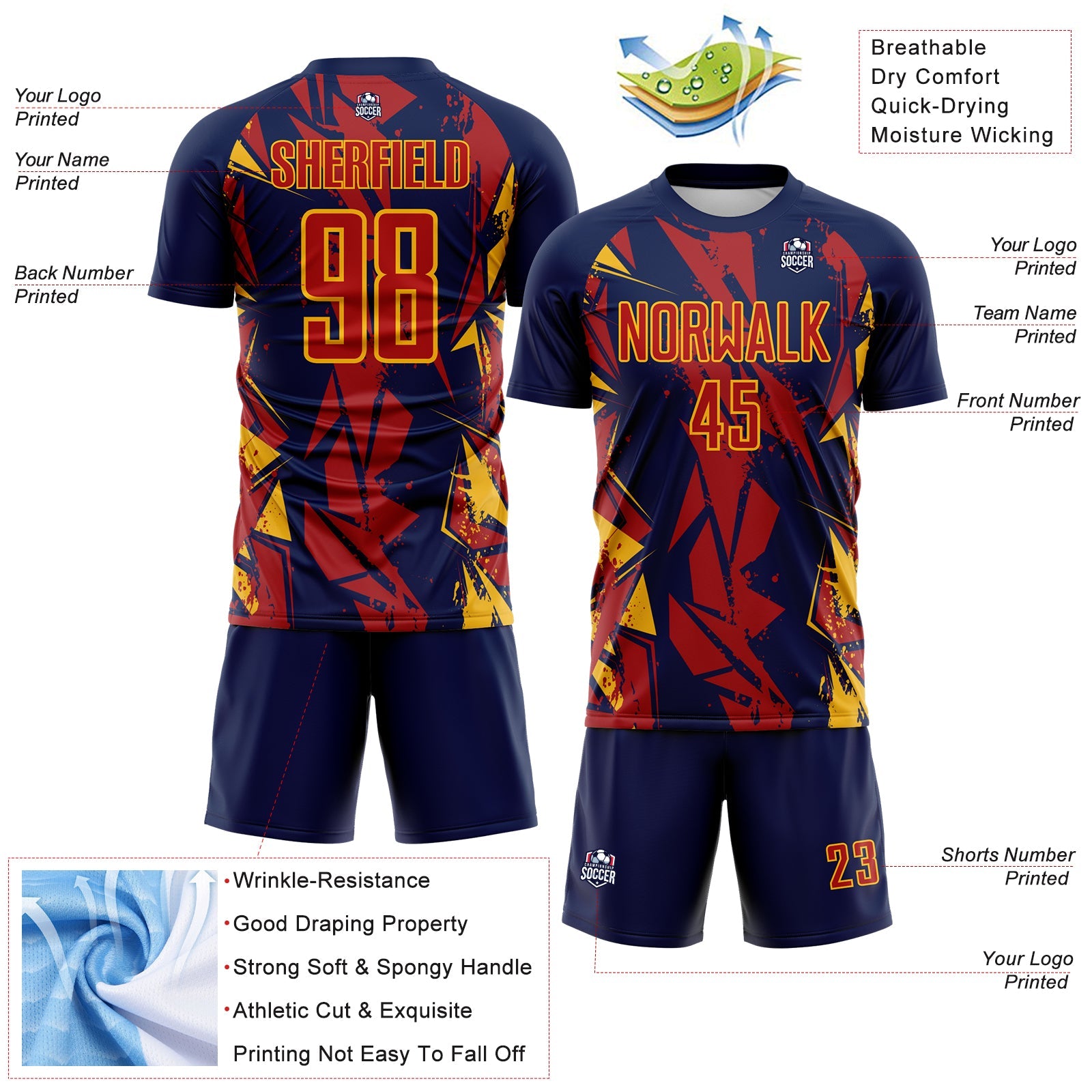 Custom Navy Red-Gold Geometric Shard Grunge Splash Sublimation Soccer Uniform Jersey view 4