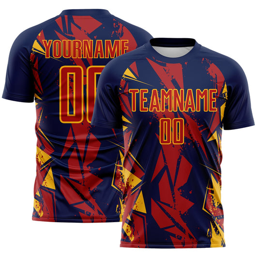 Custom Navy Red-Gold Geometric Shard Grunge Splash Sublimation Soccer Uniform Jersey - Main View