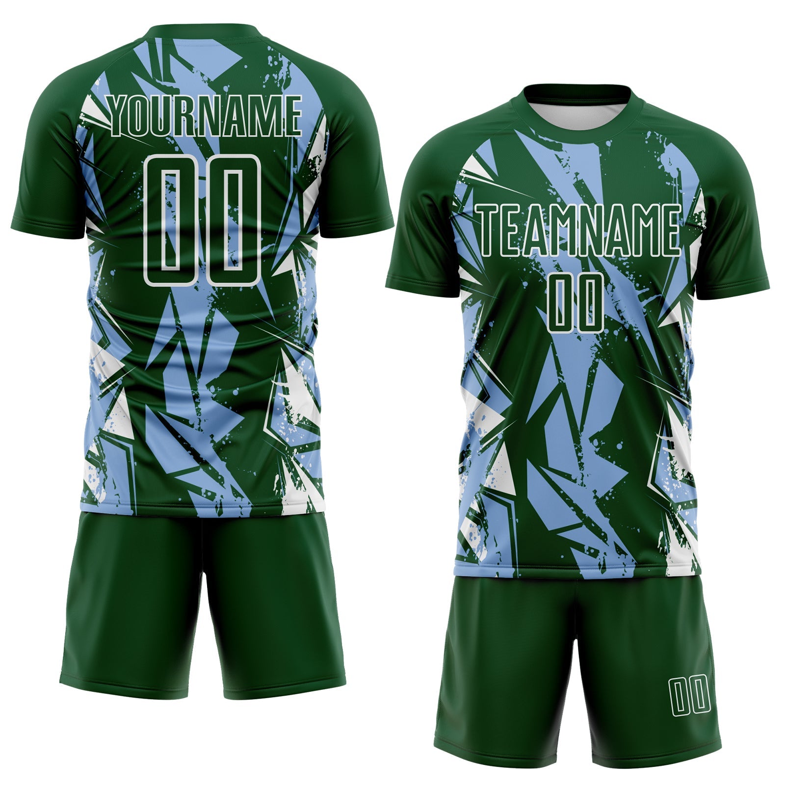 Custom Green Light Blue-White Geometric Shard Grunge Splash Sublimation Soccer Uniform Jersey view 2