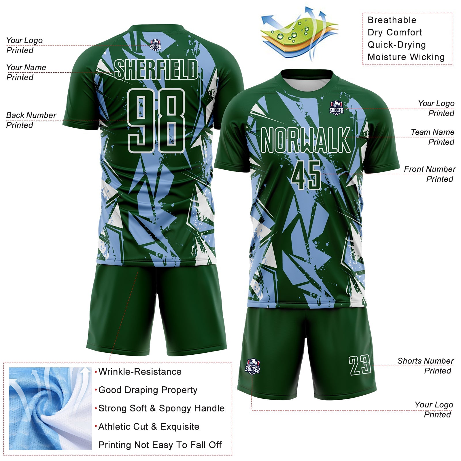 Custom Green Light Blue-White Geometric Shard Grunge Splash Sublimation Soccer Uniform Jersey view 4