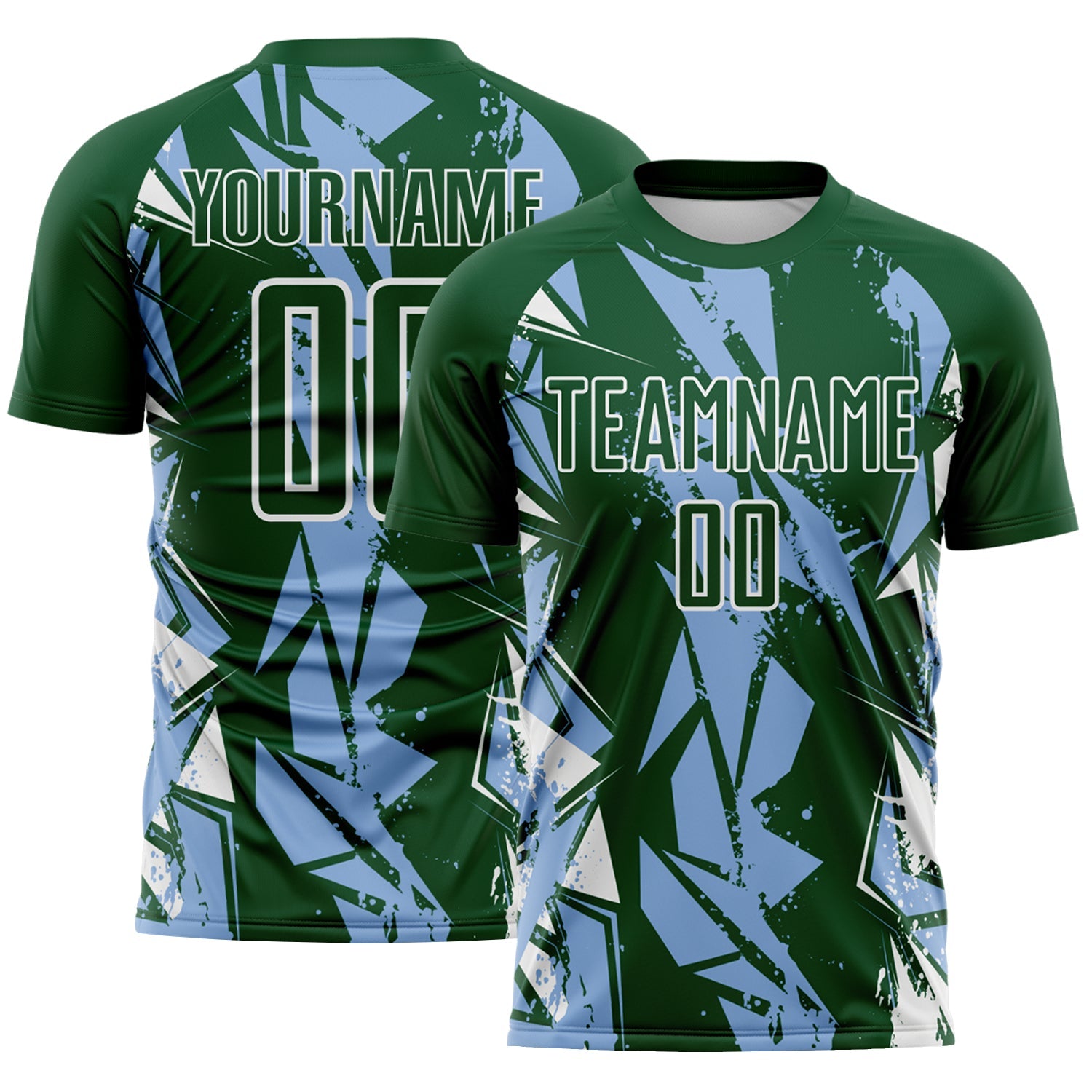Custom Green Light Blue-White Geometric Shard Grunge Splash Sublimation Soccer Uniform Jersey - Main View