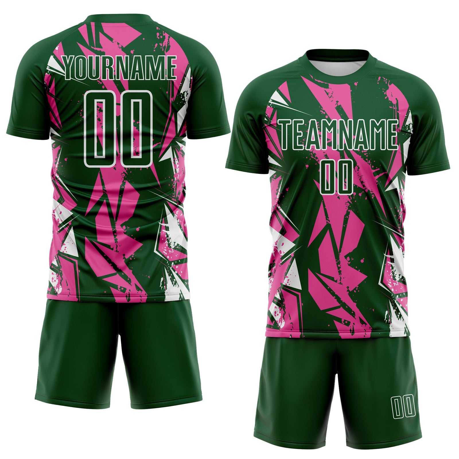Custom Green Pink-White Geometric Shard Grunge Splash Sublimation Soccer Uniform Jersey view 2