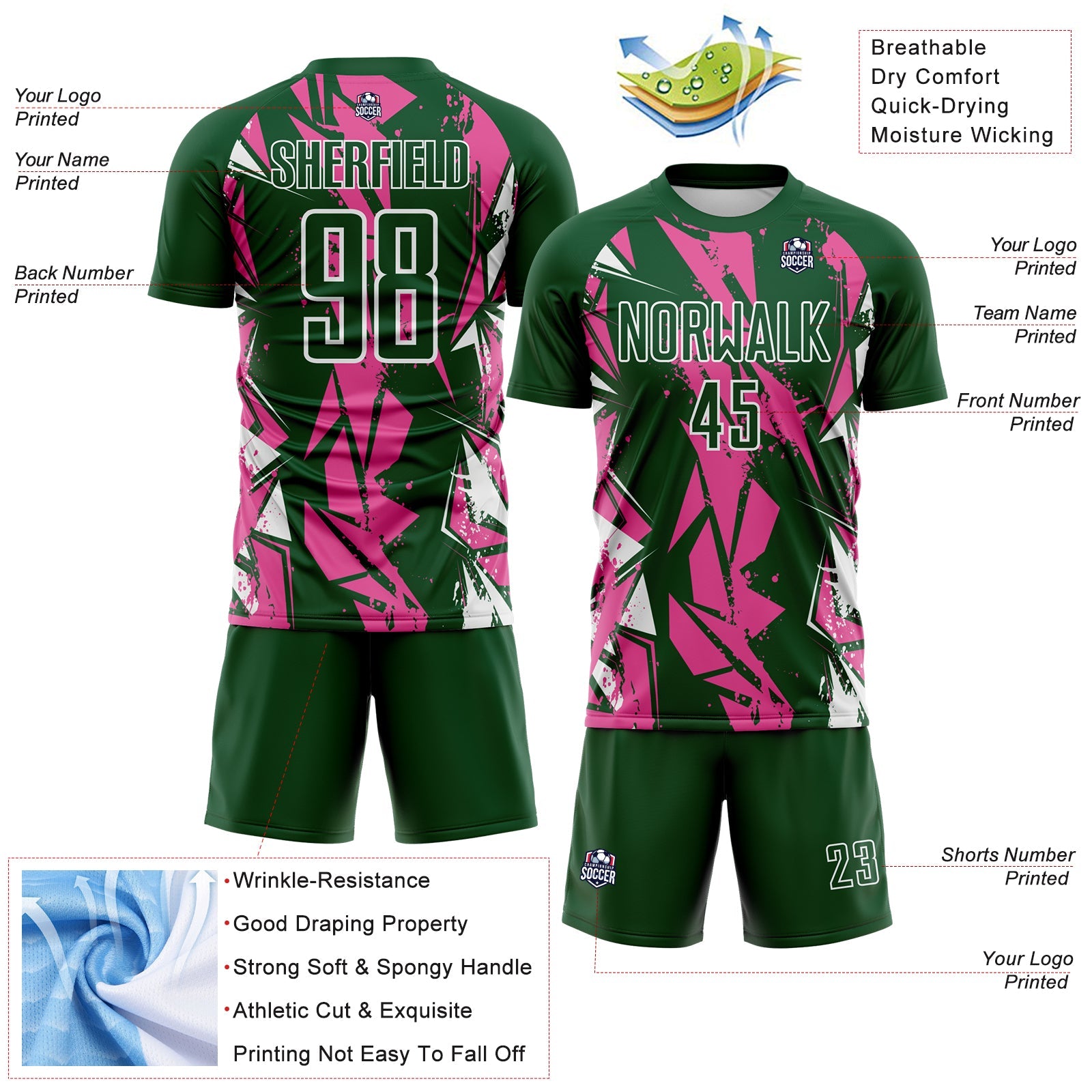 Custom Green Pink-White Geometric Shard Grunge Splash Sublimation Soccer Uniform Jersey view 4