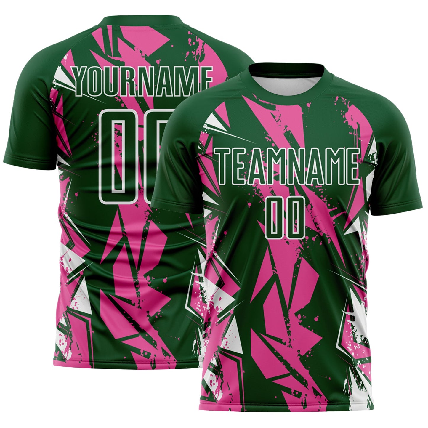 Custom Green Pink-White Geometric Shard Grunge Splash Sublimation Soccer Uniform Jersey - Main View