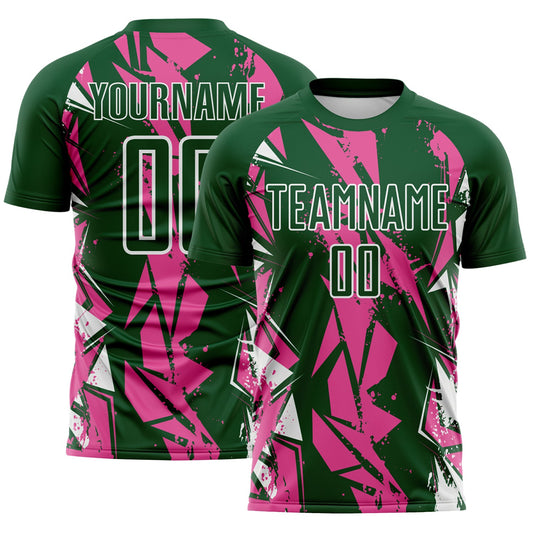 Custom Green Pink-White Geometric Shard Grunge Splash Sublimation Soccer Uniform Jersey - Main View