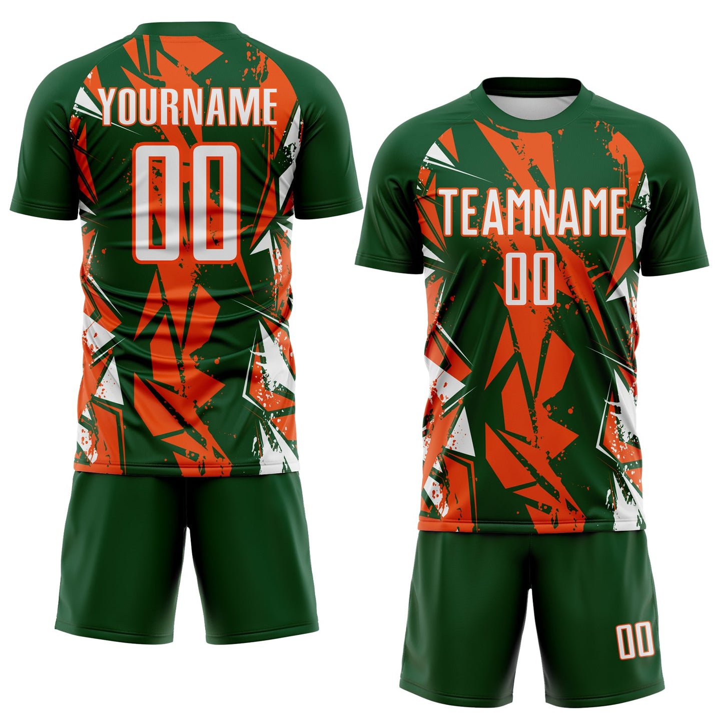 Custom Green White-Orange Geometric Shard Grunge Splash Sublimation Soccer Uniform Jersey view 2