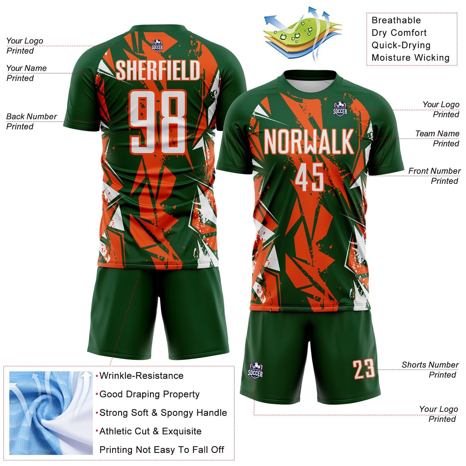 Custom Green White-Orange Geometric Shard Grunge Splash Sublimation Soccer Uniform Jersey view 4